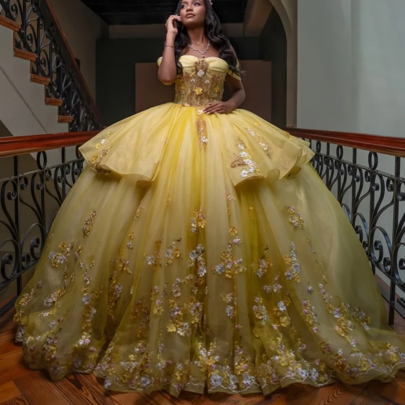 

Light Yellow Quinceanera Dress off-shoulder Glitter Crystal 3D Flower Decal Long tail vestidos de 15 Quinceanera ﻿Customize