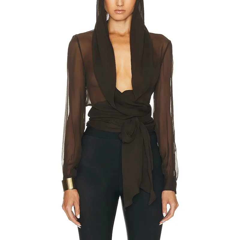 

2025 Wasteland Style Autumn New Comfortable Casual Strap Cinched Waist Light Style Hooded Simple Shirt Top for Women