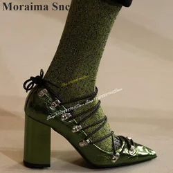 Runway Cross Tied Green Checkered Pumps Chunky High Heel Shoes For Women Lace Up Pointed Toe 2024 Fashion Zapatos Para Mujere