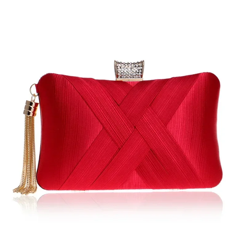 Mode Clutch Tas Franjes Tas Diamant Pure Kleur Knucklebox Trouwfeest Dames Banket Zijde Kwastjes Geweven Avondtas