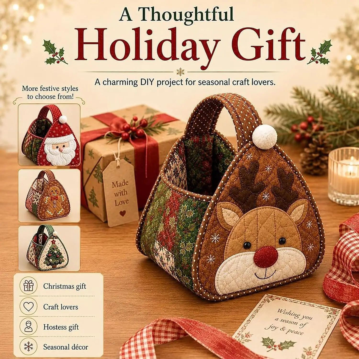 New Christmas Quilted Basket DIY Sewing Kit Santa Snowman Reindeer Xmas Gift Storage Basket Handmade Craft Set for Holiday Decor