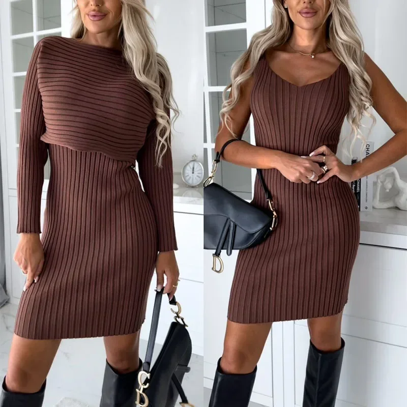 Women Clothing Sets Knitted Sweater+Dress 2Pcs Suit Solid Color Autumn Winter Ladies Fashion Streetwear Female Elegant Outfits