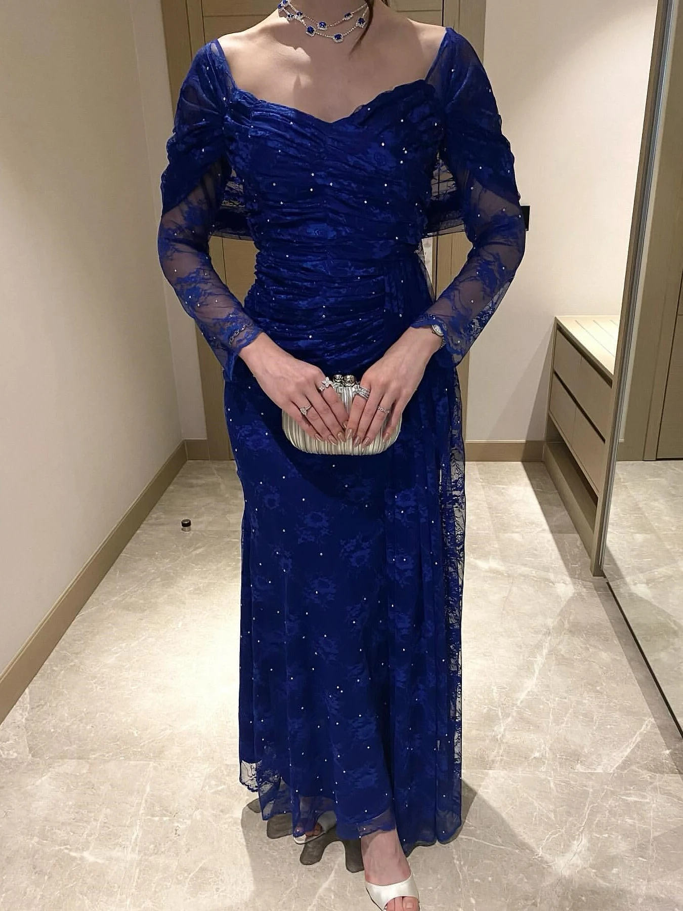 

Other Shore Elegant Vintage Sexy Blue Lace Beads Stylish V-Neck Customize Formal Occasion Prom Dress Evening Party Gowns