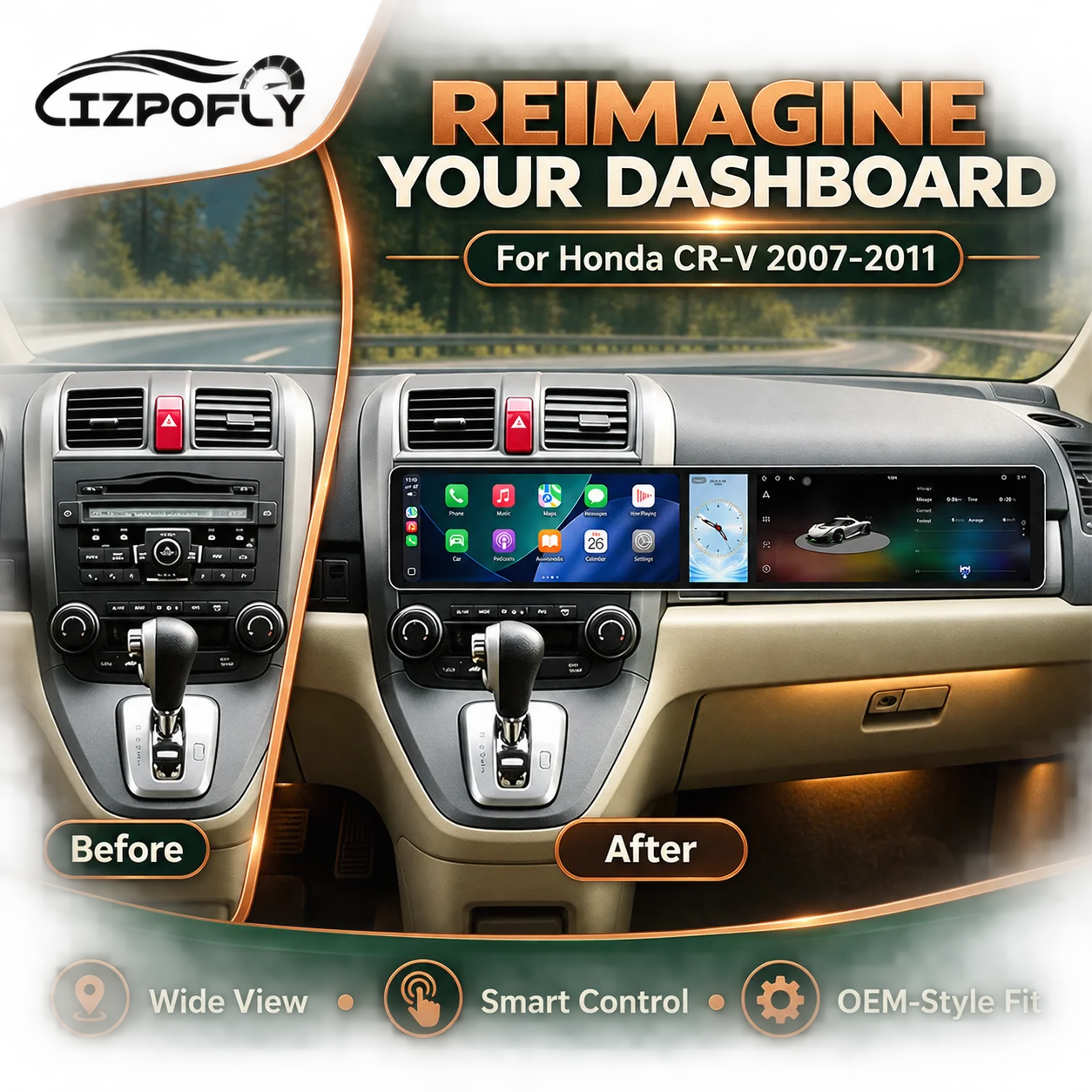 Lizpofly Dual 12.3 Inch Android 15 Car Radio For Honda CR-V 2007-2011 Wireless CarPlay GPS Navigation 4G Stereo