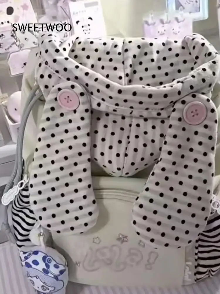 Niedlicher Polka-Dot-Rucksack mit Hasenohren und Kordelzug, Cartoon-Stickerei, Stern-Design, Tagesrucksack für Schüler mit Puppenanhänger