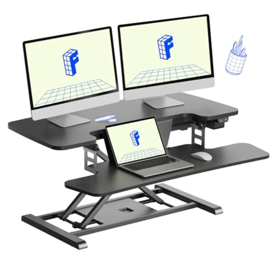 35 inch Electric Standing Desk Converter Motorized Stand up Desk Riser Monitor and Laptop Workstation with Wide Keyboard Tray B