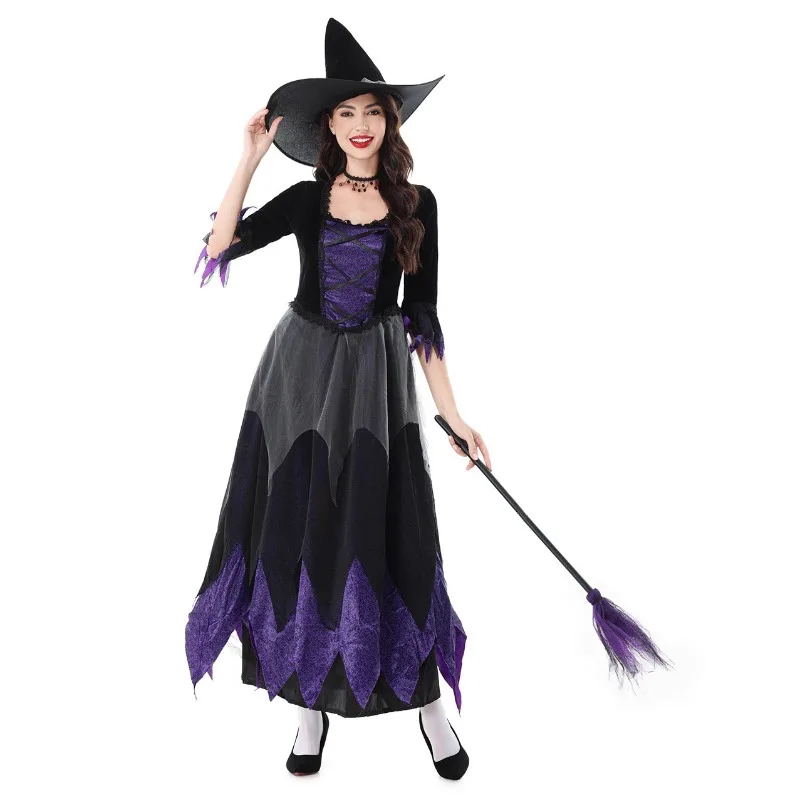 2025 nuevo disfraz de Halloween para mujer, disfraz de bruja de malla púrpura para adulto, conjunto de vestido de manga larga para actuación de fiesta de carnaval