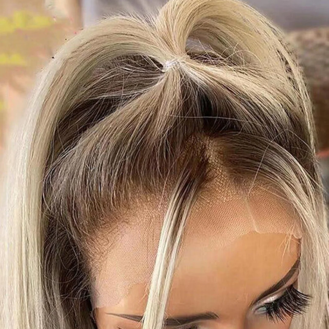 事前摘み取られたリアルな生え際のオンブレライトブロンド合成レースフロントウィッグ、伸縮性のある自然なストレートウィッグ、女性用接着剤不要ウィッグ