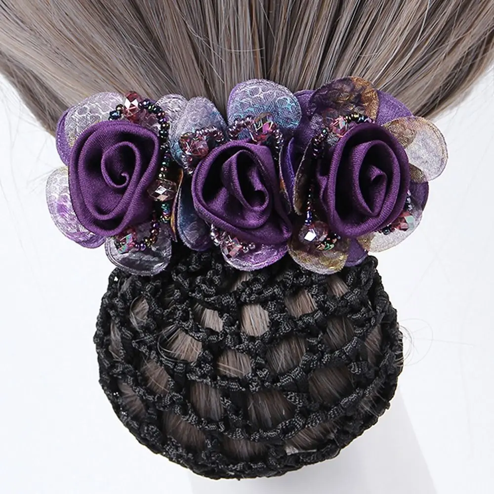 Elegant Mesh Flower Crystal Bun Snood Zircon Spring Clips For Women Nurse Hair Clip Hairnet Cover Hairpins Girls Bun Net