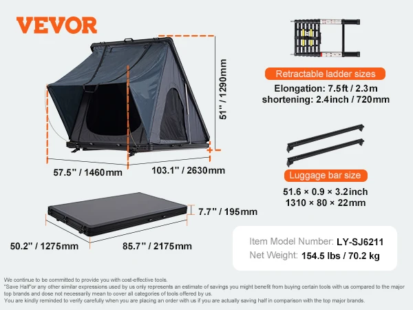 SucceBuy Rooftop Tent Hard Shell Daktop met Telescopische Ladder Dik Matras Waterdicht Winddicht voor Jeep Van Pickup Truck