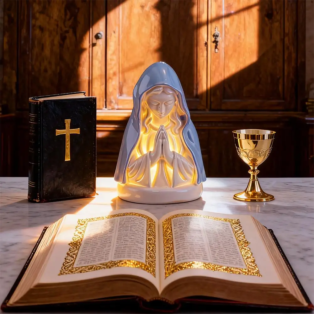 Estátua de LED da Virgem Maria com Luz Noturna, Ornamento Religioso Sagrado com Base Efeito de Luz de Vela para Batismo e Presentes de Natal