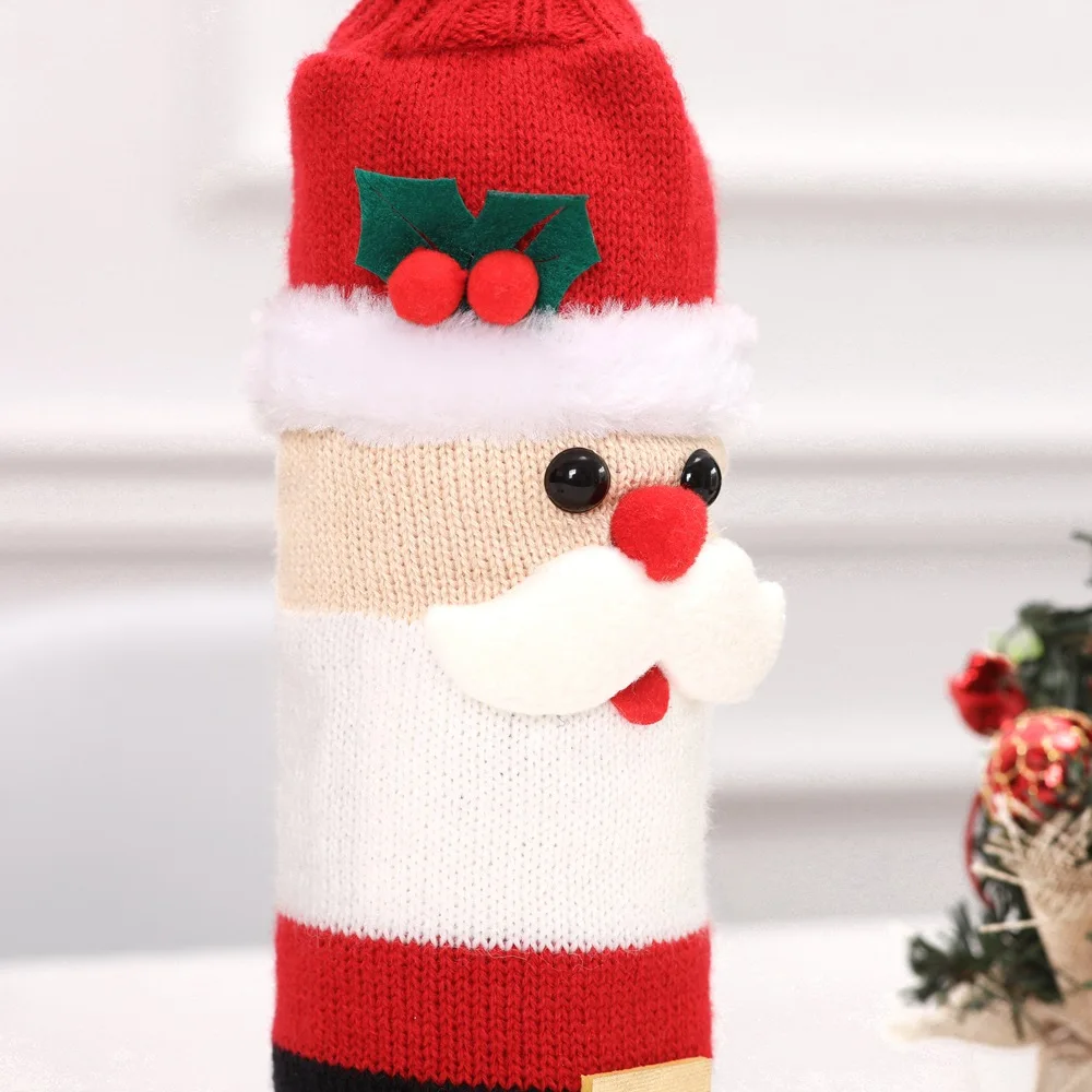 Weihnachtsdeko 2024, gestrickte Woll-Flaschenhülle in Rot, Weihnachtsdekoration für Tisch, Haus, Hotel, Restaurant, Festivals. – Detail 9