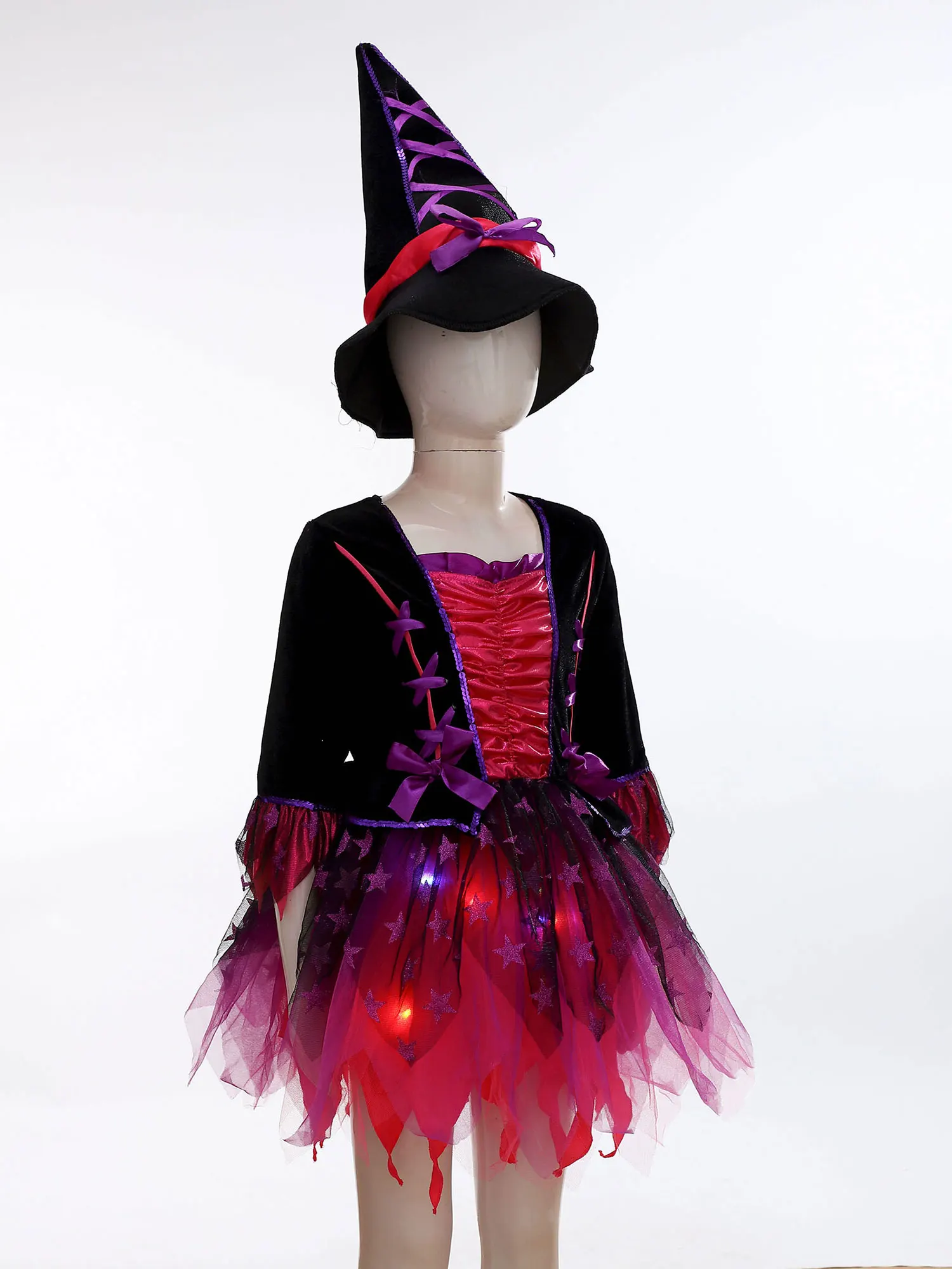 Disfraz de bruja de Halloween para niños y niñas, vestido de Cosplay de carnaval, Vestido de manga larga, tutú iluminado con sombrero puntiagudo, varita, conjunto de bolsa de caramelo