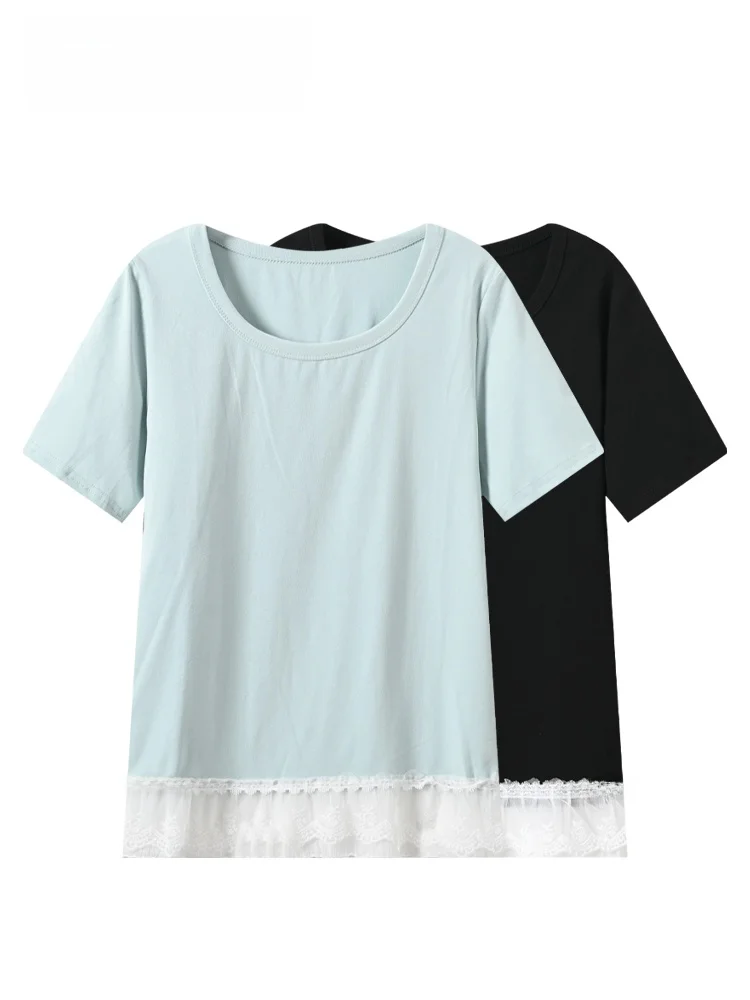 

Cara CLUB plus Size Short Sleeve T-Shirt Women's Summer New Style Lace Splicing round Neck Top Age Reduction Fashionable