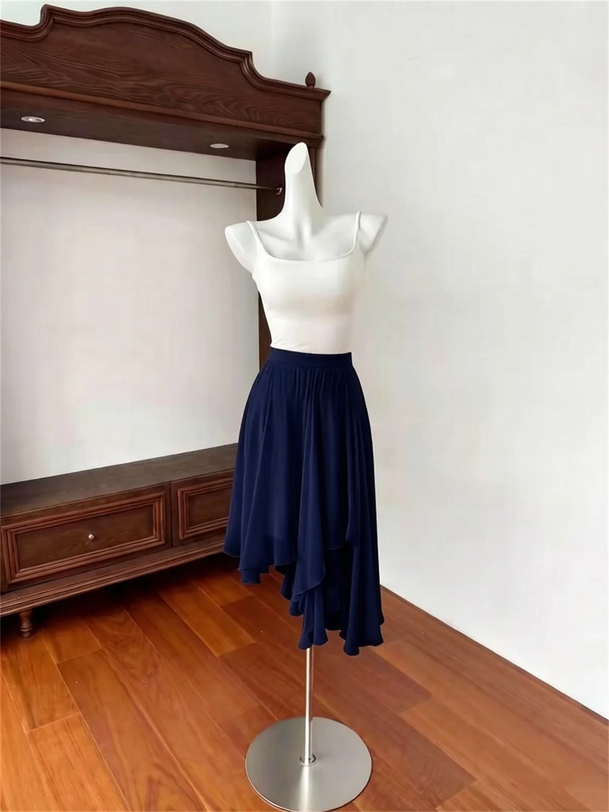 Falda coreana de cintura alta con corte en A para mujer, holgada, informal, irregular, con encaje, de media longitud, sexy, para fiesta, primavera, verano, talla grande
