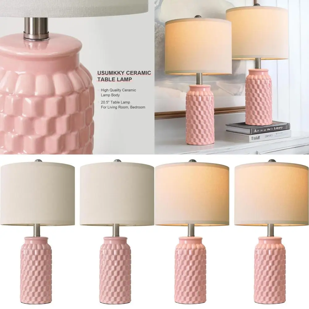 

Set of 2 Modern Farmhouse Pink Table Lamps - Ceramic Nightstand for Bedroom, Boho Living Room, Small Office Desk Light