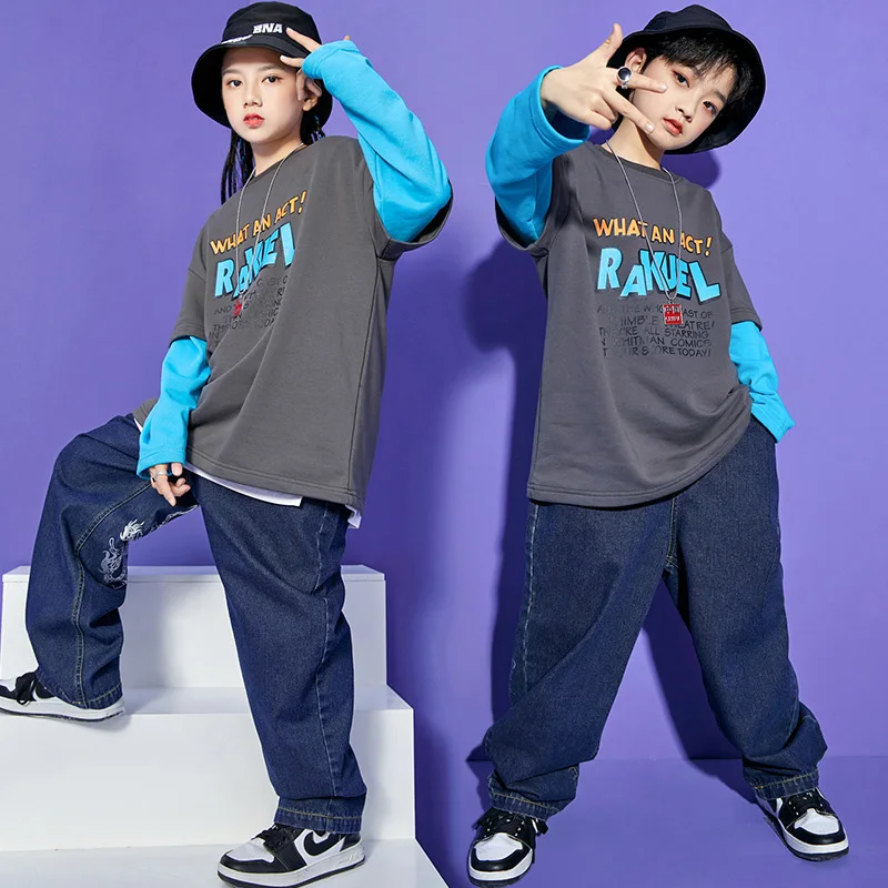 Kid Cool Kpop Hip Hop Clothing 2 Tone Sweatshirt Top Streetwear Denim Blue Pants Jeans for Girl Boy Jazz Dance Costume Clothes