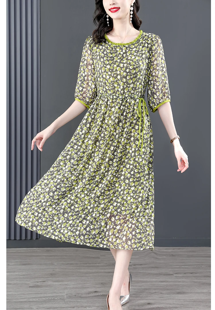Sommer Neue Blumen Druck Seide Casual Midi Kleid Frauen Elegante Lose Chic Hübsches Kleid Grün Vintage Party Kleider