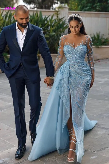 Gorgeous Sparkly Full Sleeves Mermaid Prom Dresses Sky Blue Lace Split Long Evening Gowns Illusion Scoop Neck Tulle Party Dress