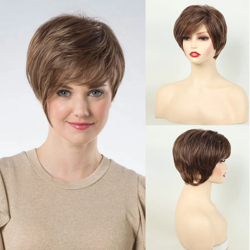 

Wig: European and American fashion women's fluffy side-swept bangs short straight hair brown synthetic fiber headpiece