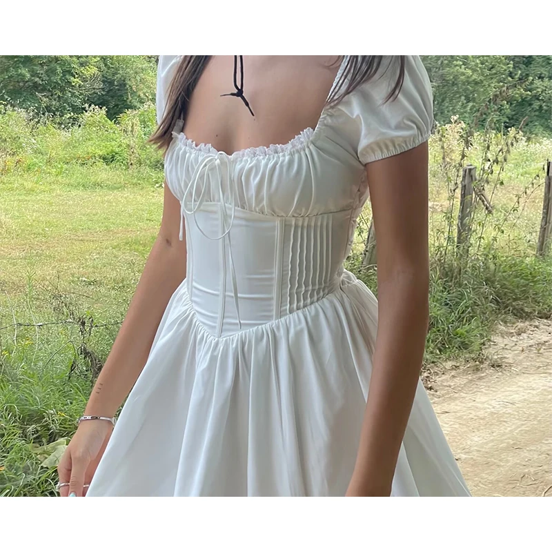 Yenkye-vestido feminino com cordões de manga curta, enfeite de renda doce, vestido branco fino, festa de férias, roupinha casual de algodão, novo, verão