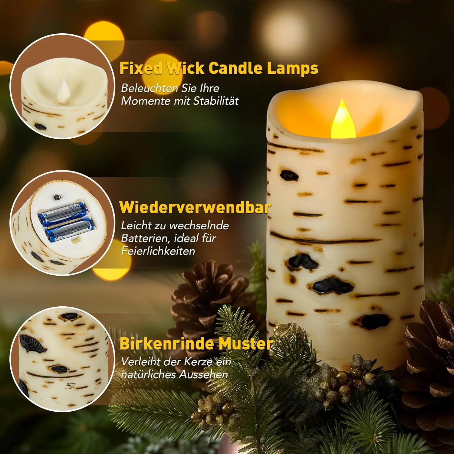 Flameless Candles Battery Operated Set of 3 Birch Bark LED Pillar Candles with Remote 3D Moving Wick Electric Decorative Candles