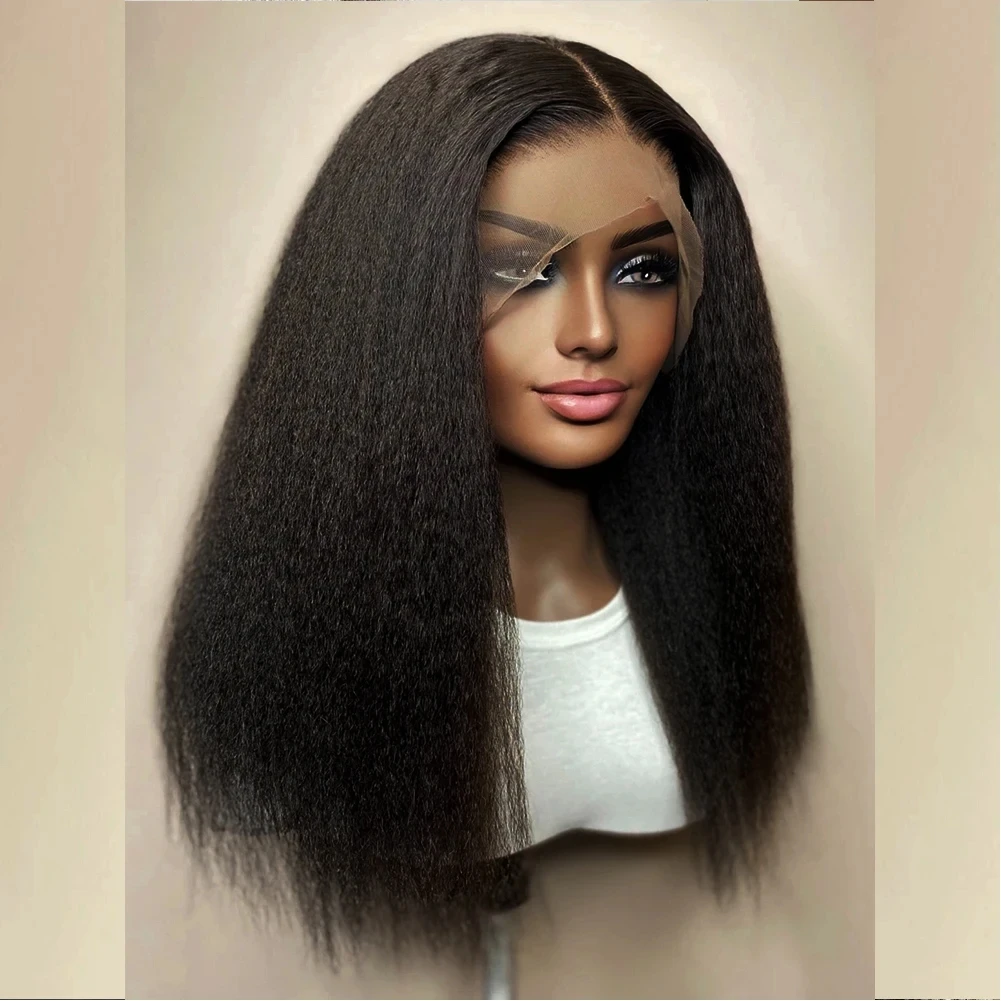 Perruque Lace Front Wig Yaki Synthétique Sans Colle, Postiche Lisse, Doux et Long, 26 Pouces, Noir Naturel, pour Femme Noire, avec Baby Hair, 03/3