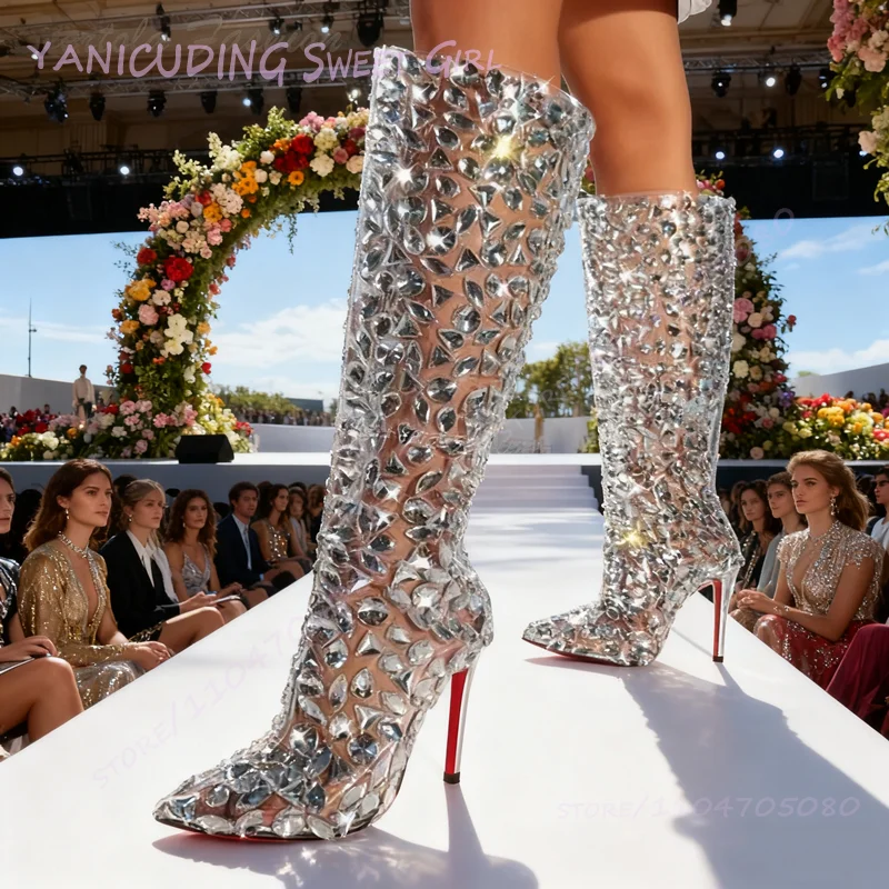 Big Silver Crystal Stone Boots Knee Women Pvc Hot Chick Club Diamond Glitterati Zip Stiletto Pointed Heel Calf Booties Sexy Shoe