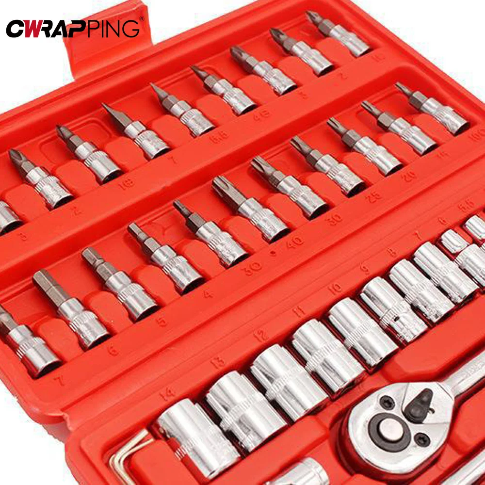 

Tool Kit 1/4 Inch Drive 46PC Ratchet Socket Set Torque Wrench Extension Bar Spanner Mechanic Maintenance for Car Repair Tool Set
