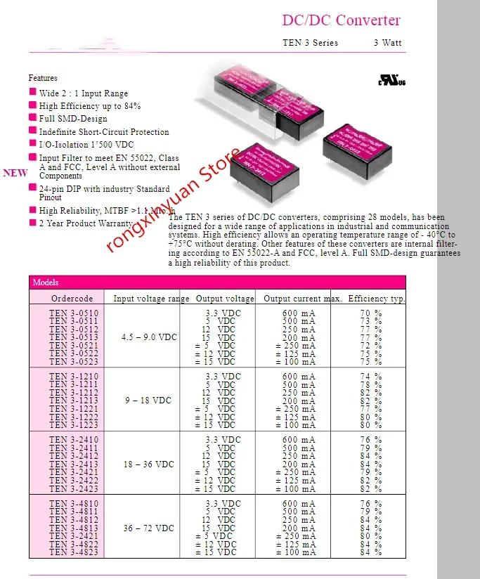 2Pcs TEN3-4822 TEN3-4810 TEN3-4813 TEN3-2411 TEN3-2422 TEN3-2423 TEN 3-4822 TEN3 DC/DC Converters 100% New original - Image 3