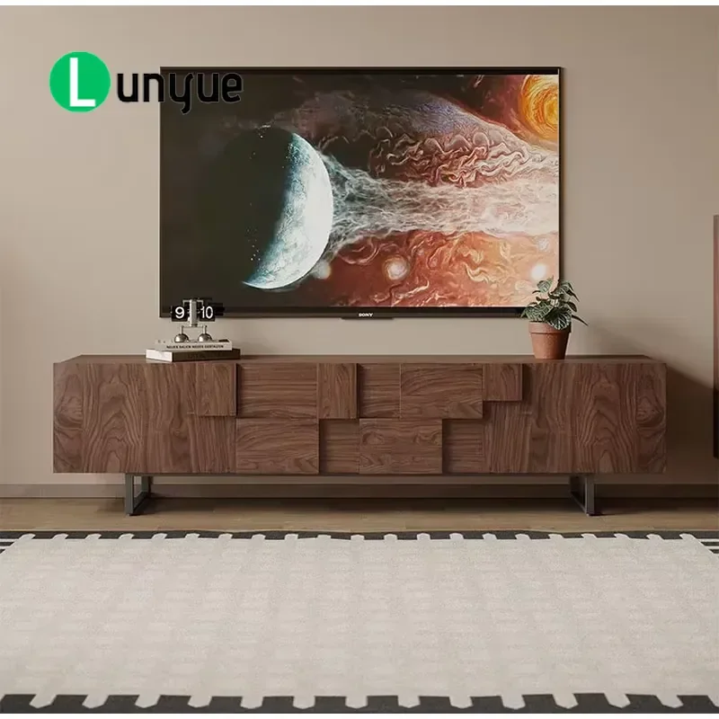 Modern Irregular Walnut TV Cabinet Minimalist Living Room Storage Media Console with Metal Legs for Home Entertainment Center