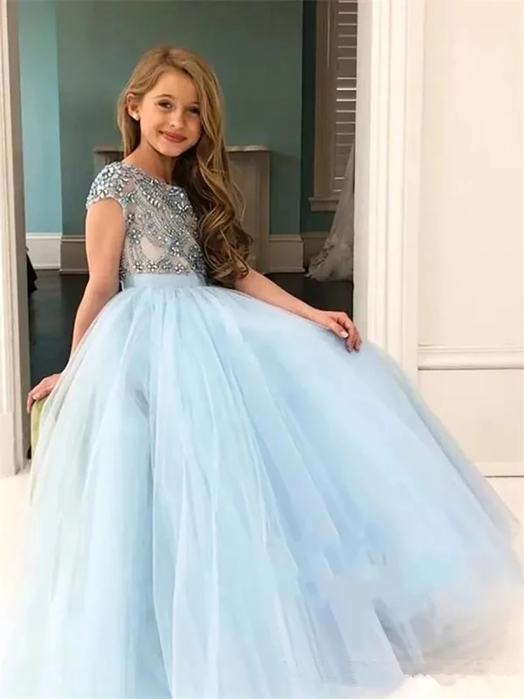 Beaded Flower Girl Dress For Wedding Light Sky Blue Backless Tulle Princess Kids Birthday Party Ball Gown First Communion Dress