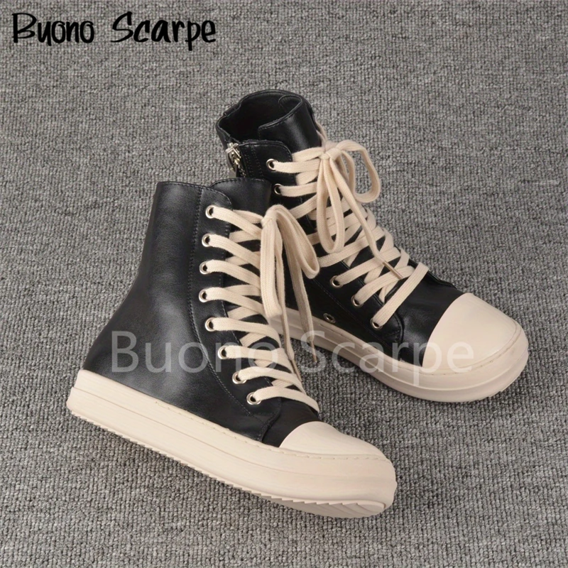 Sapatilhas de couro de cano alto para mulheres, sapatos vulcanizados, sapatos esportivos planos, zip casual, designer preto, tamanho grande