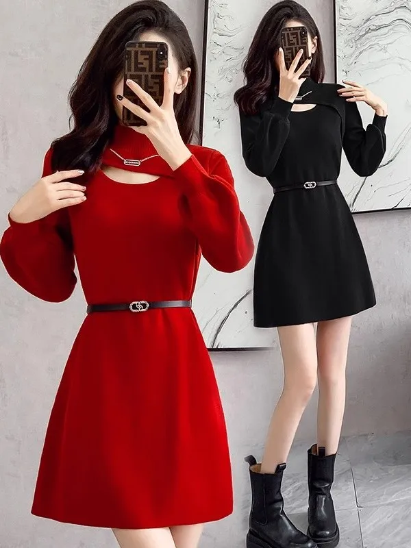 

Red Knitted Sweater Dr Women's Base Layer Hollow out Design Autumn Winter Small Size Coat Matching Dr Slim Fit Casual