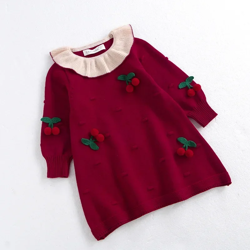 Kids Dresses for Girls Cute 3D Cherry Knitted Sweater Dress Toddler Girl Kawaii Doll Collar Princess Party Dress High Quality