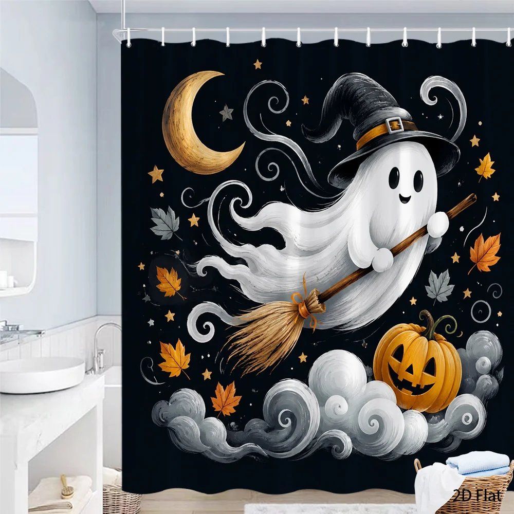 Halloween Ghost Witch Hat Shower Curtain, Pumpkin Broomstick Print Waterproof Bathroom Decor, Spooky Holiday Home Bath Screen