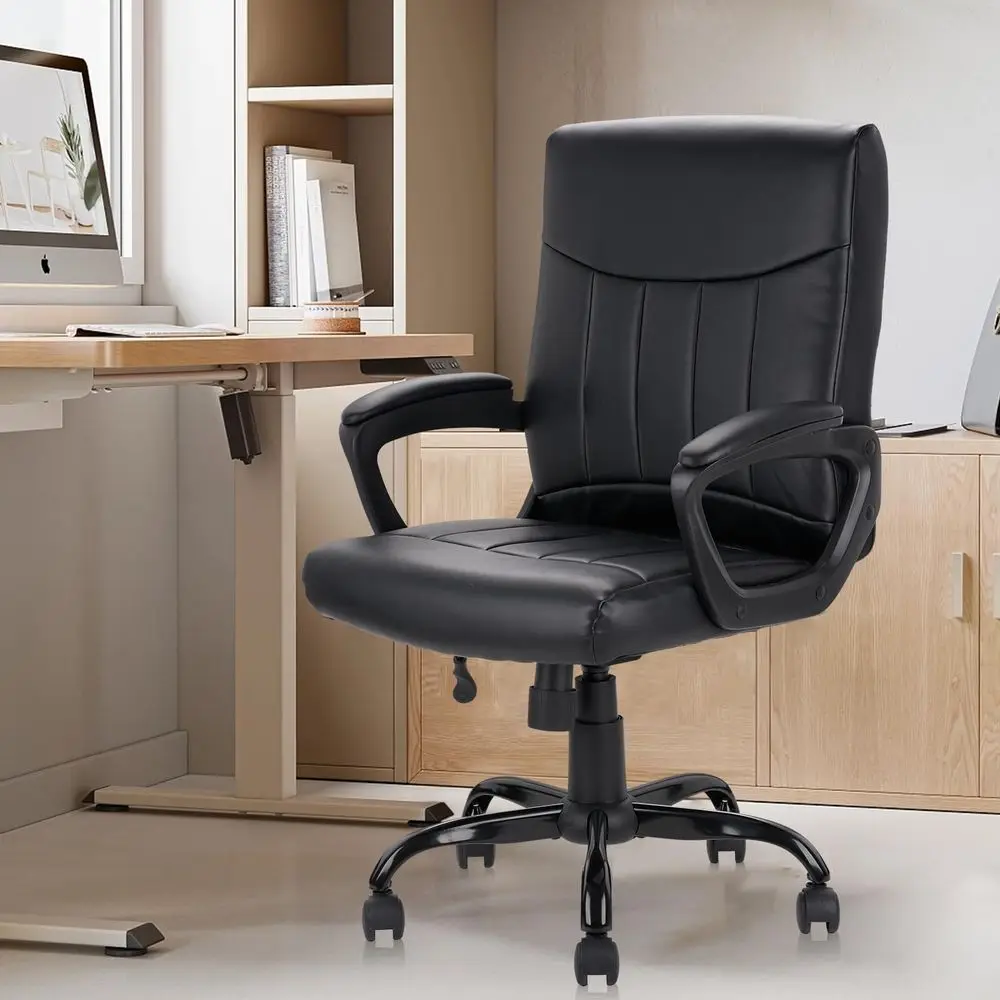 

Leather Office Executive Chair with Lumbar Support and Padded Armrestes, Swivel Rolling Ergonomic Mid Back Computer Task Desk C