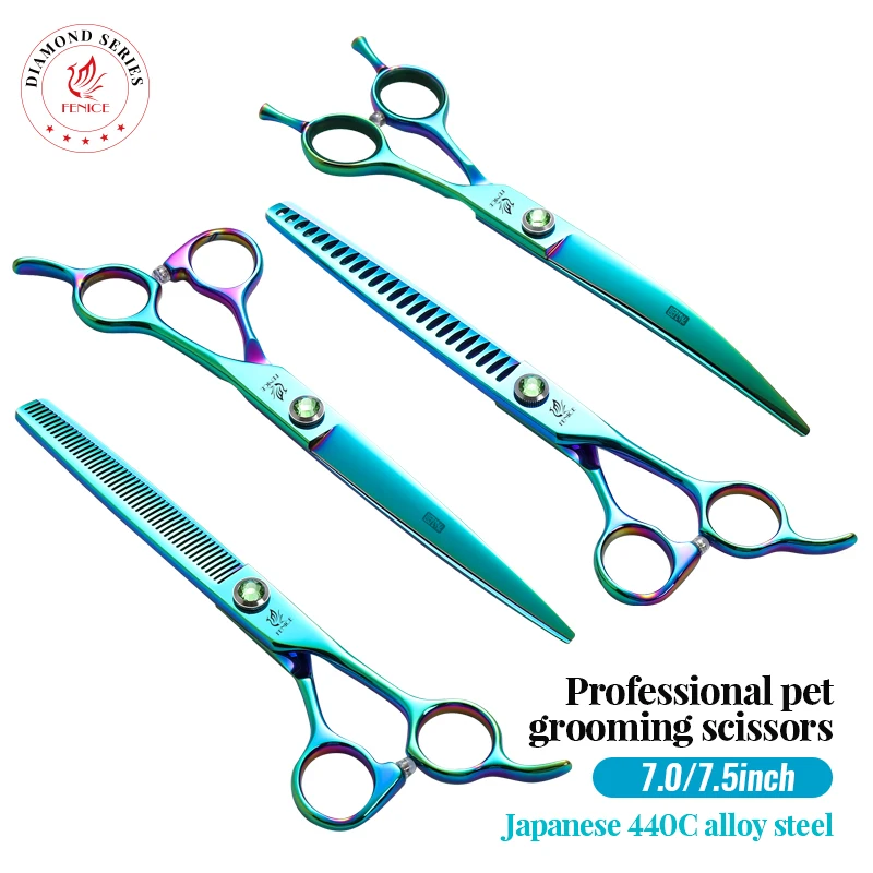 

Fenice 7.0/7.5 Inch JP440C Pet Grooming Bright Green Scissors Set Straight&Curved &Thinner&Chunker Shears Kits for Dog Hair Cut