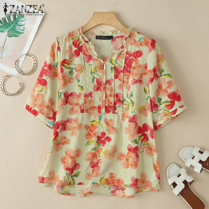 

Woman Cotton Linen Floral Print Blouses Ruffled Trim V-Neck Pintuck Half Sleeve Pullover Tops ZANZEA Summer Casual Blusas Mujer