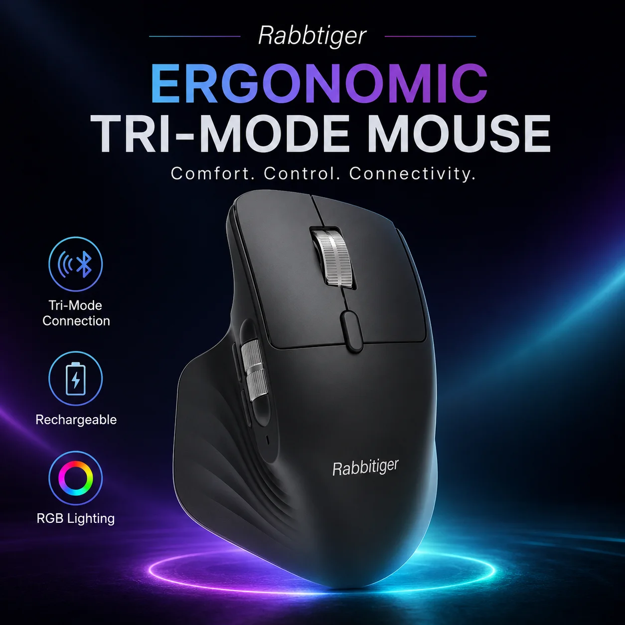 2026 Three-Mode E-Sports Mouse, RGB Cool Lighting, Ergonomic Design Supports Three-Mode Connection And Multi-Device Switching.