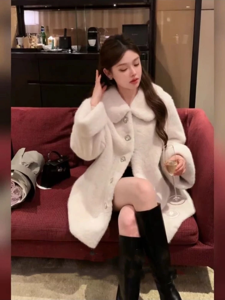 Faux Mink Fur Jacket Women's Winter Warm Coat Doll Collar One-Piece Leather And Fur Eco-Friendly Commute Style Long Sleeve