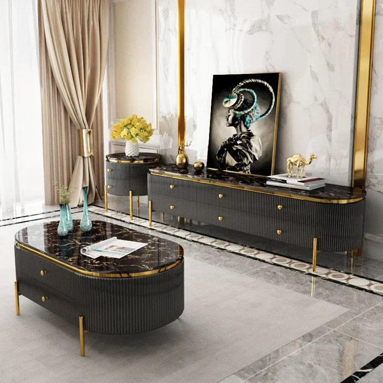 Luxury Marble top gold stainless steel leg TV stand and coffee table set for living room furniture