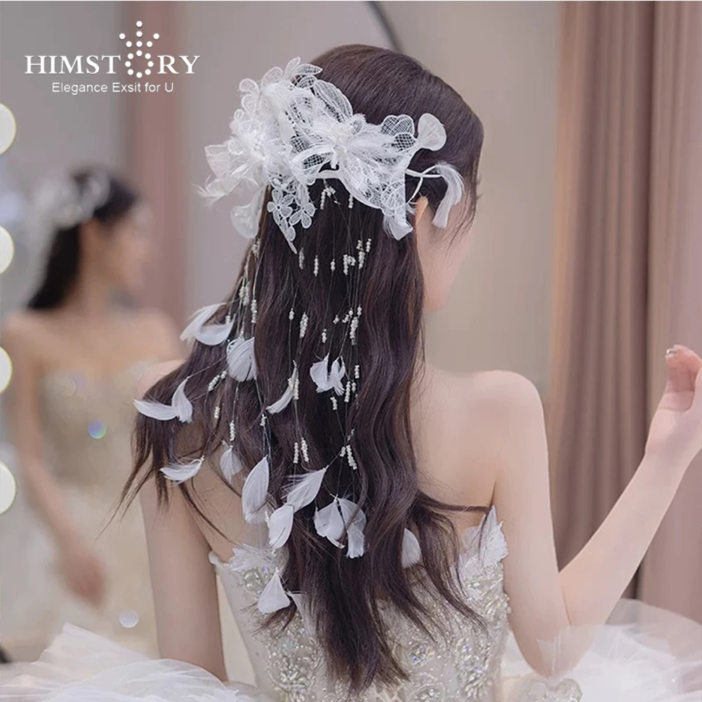 

HIMSTORY Sweet Super Fairy головной убор невесты, изысканные французские кружевные перья с длинной кисточкой, свадебные аксессуары для волос