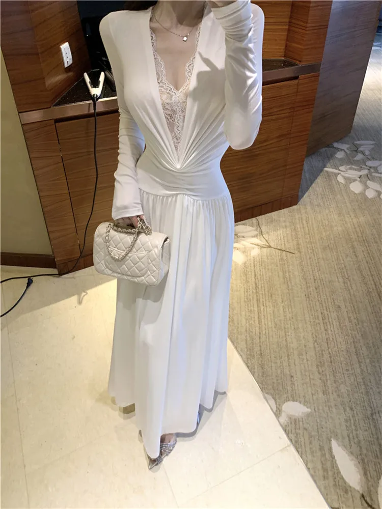 

Lace Patchwork Sexy Deep V Neck White Long Evening Party Dress 2025 New Fall Long Sleeve Elegant Slim Waist A Line Maxi Dress