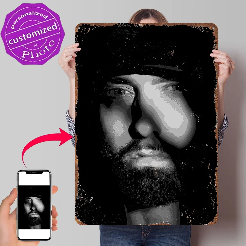 Monochrome Portrait of a Bearded Man Poster Retro 3D Printed Metal Signs Customized Wall Hanging Gift for Vintage Home Decor