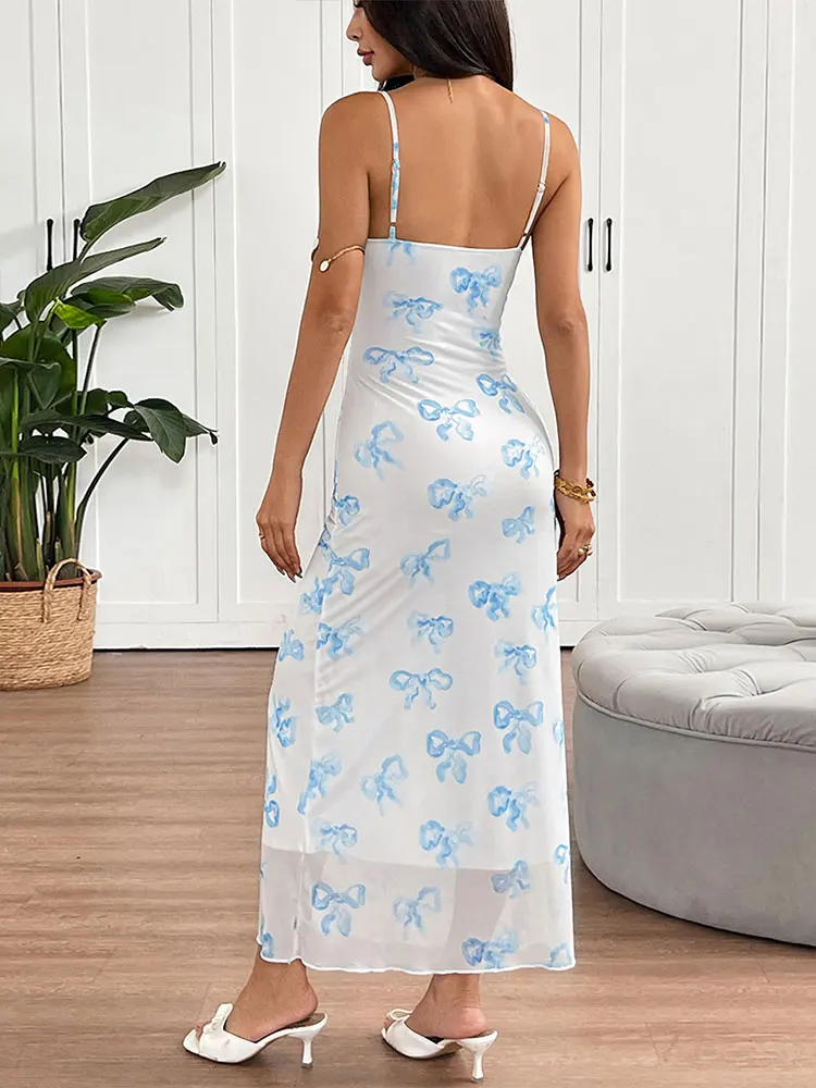 Women's Maxi Dresses Summer New V-Neck Sling Dress Streetwear Fashion Print Sexy Backless Sling Elegant Lady Casual Slim Dresses