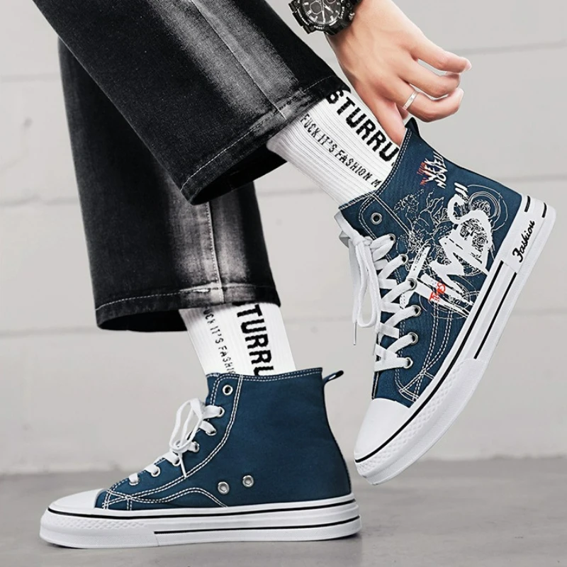Men Shoes High Top Canvas Shoes Outdoor Breathable Walking Shoes Fashion Lightweight Sneakers Non-slip Flat Casual Shoe Tenis