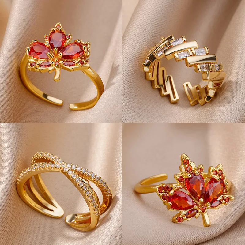 Bagues en forme de feuille d'érable en Zircon pour femmes, en acier inoxydable, couleur or, plante d'ouverture, mode coréenne, bijoux de fête de mariage, cadeau 2025