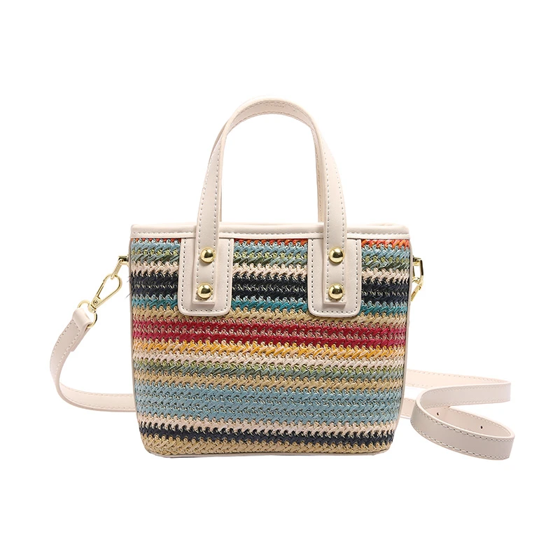 Bolso de paja hecho a mano para mujer, bolsa de cubo, bolso de mano tejido de paja de diseñador de moda, bolso de viaje de playa, bolso cruzado de hombro para mujer