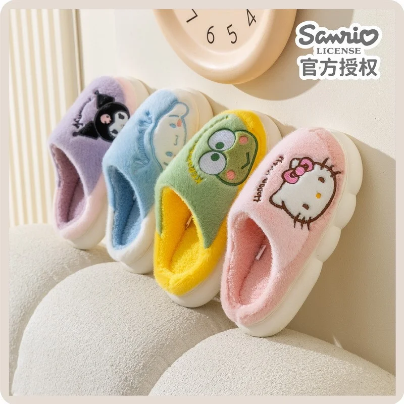 Sanrio Hello Kitty Cute Sweet Warm Home Women's Shoes Kulomie Cartoon Versatile Plush Platform Bag Toe Cotton Slippers